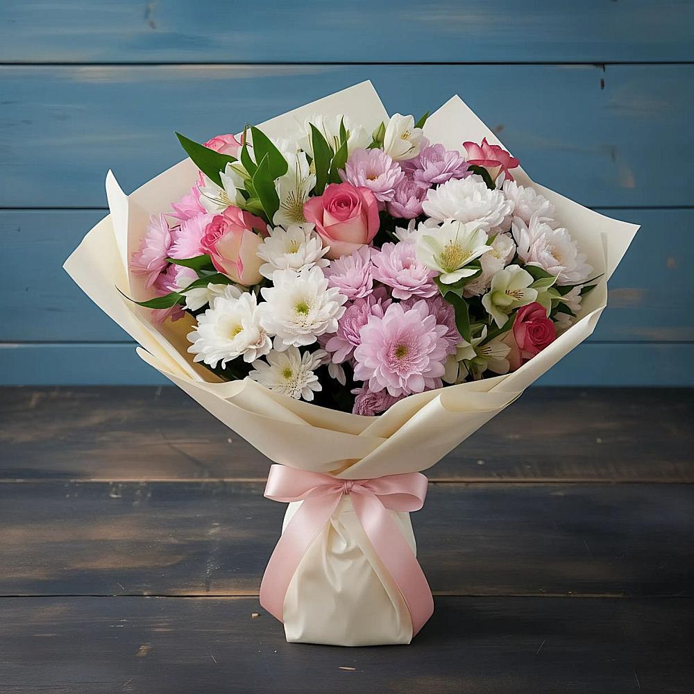 Букет цветов из: Хризантемы, Альстромерии и Розы в Стеблево